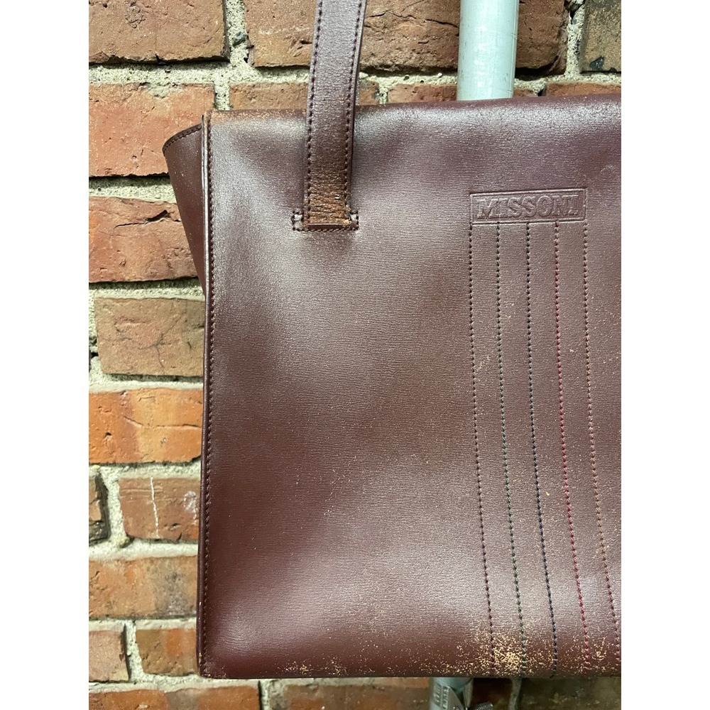 Missoni Leather Tote Bag Burgundy Textured Stitch Shoulder Purse Womens M VTG - Picture 4 of 16